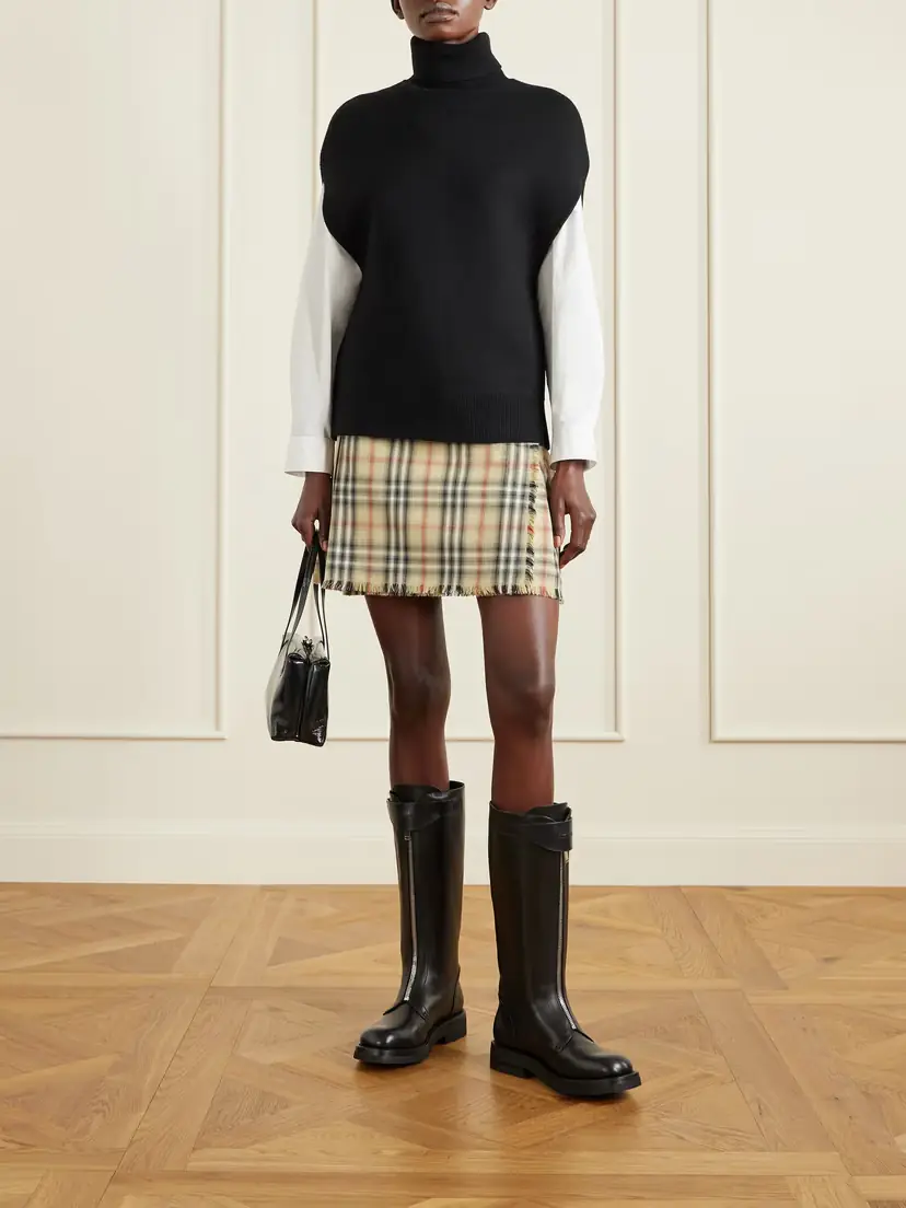 Burberry Leather-trimmed Pleated Checked Wool Mini Skirt | Thumbnail 2 Burberry Leather-trimmed Pleated Checked Wool Mini Skirt | Thumbnail 2