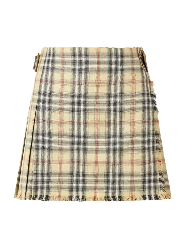 Leather-trimmed Pleated Checked Wool Mini Skirt