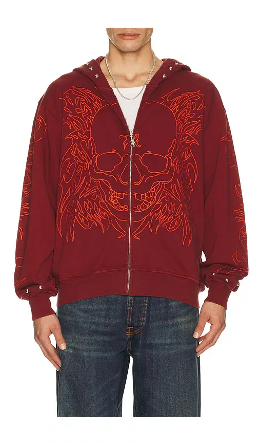 Revenge Tribal Skull Studded Zip Hoodie