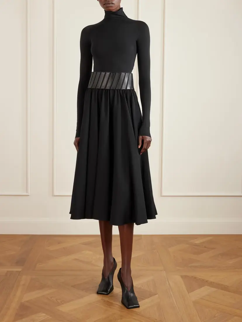 ALAÏA Leather-trimmed Wool-gabardine Midi Skirt | Thumbnail 2