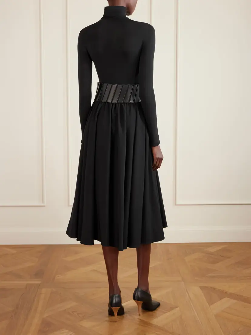 ALAÏA Leather-trimmed Wool-gabardine Midi Skirt | Thumbnail 3