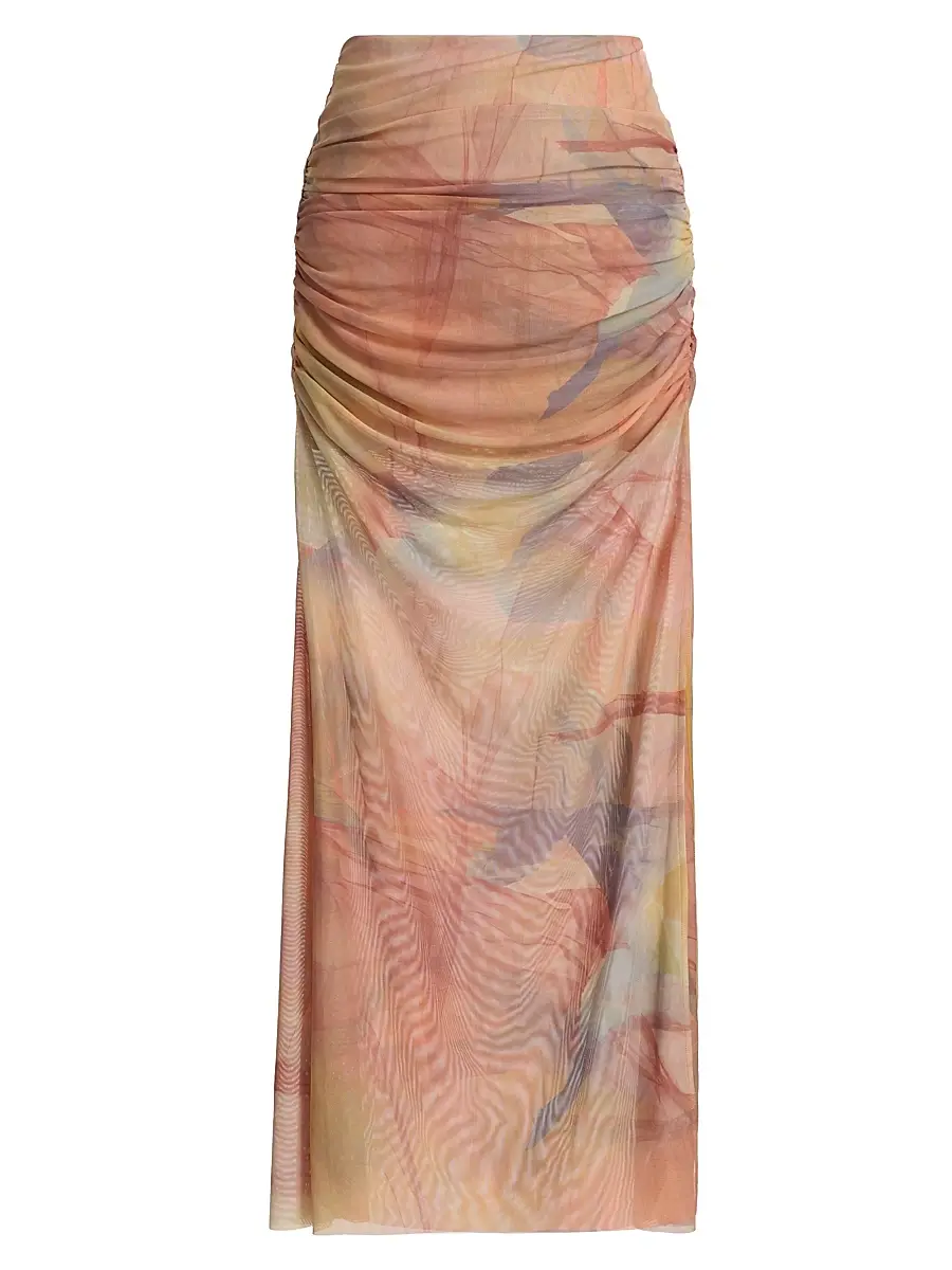 Ronny Kobo Women's Bruno Ruched Maxi Skirt - Light Blue Dark Brown Print | Image 1 Ronny Kobo Women's Bruno Ruched Maxi Skirt - Light Blue Dark Brown Print | Image 1