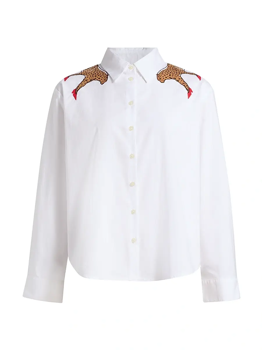 Tanya Taylor Women's Margaux Cheetah Button-Front Cotton Shirt - Optic White | Image 1 Tanya Taylor Women's Margaux Cheetah Button-Front Cotton Shirt - Optic White | Image 1