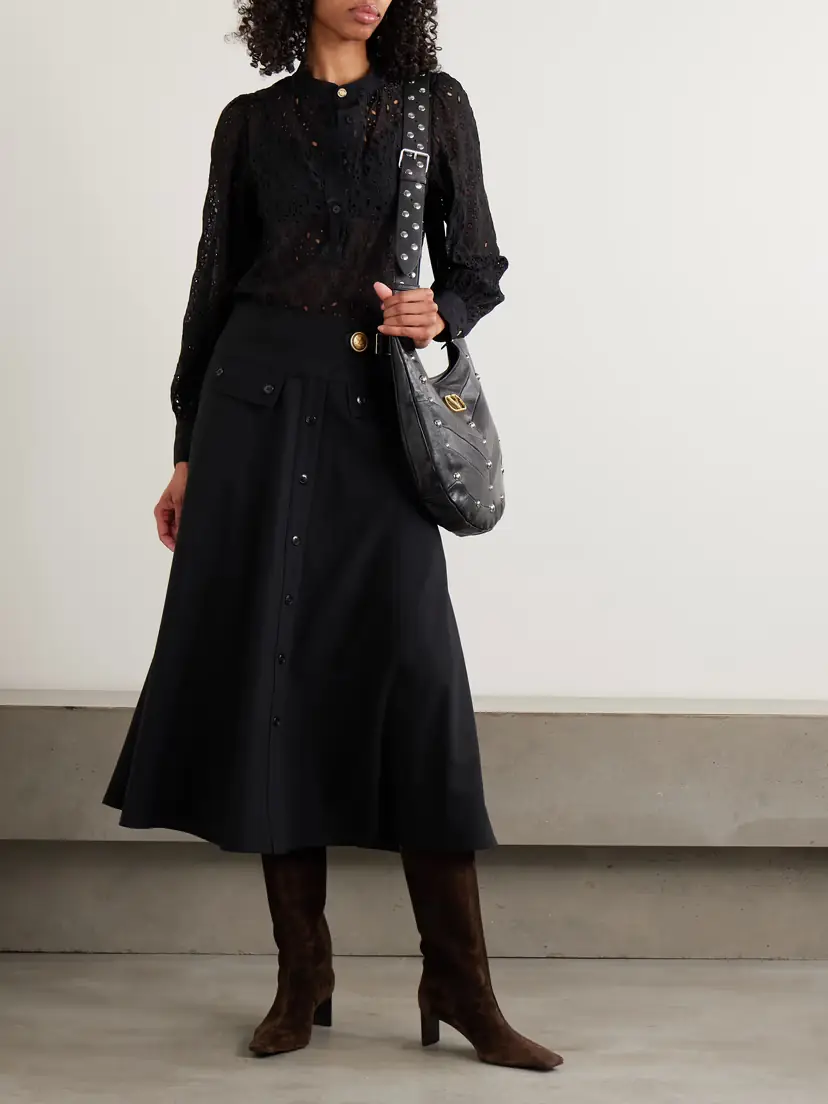 MAISON MAYLE Kit Embellished Leather-trimmed Woven Midi Skirt | Thumbnail 2 MAISON MAYLE Kit Embellished Leather-trimmed Woven Midi Skirt | Thumbnail 2