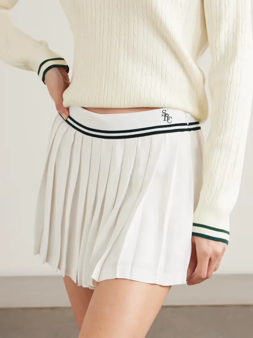 Sporty & Rich Abigail Pleated Embroidered Striped Crepe De Chine Mini Skirt | Thumbnail 3 Sporty & Rich Abigail Pleated Embroidered Striped Crepe De Chine Mini Skirt | Thumbnail 3