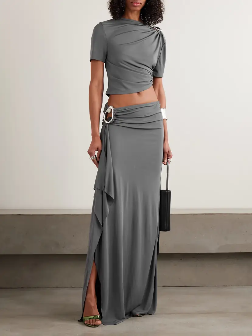 Christopher Esber Orica Cropped Asymmetric Embellished Ruched Jersey T-shirt | Thumbnail 2
