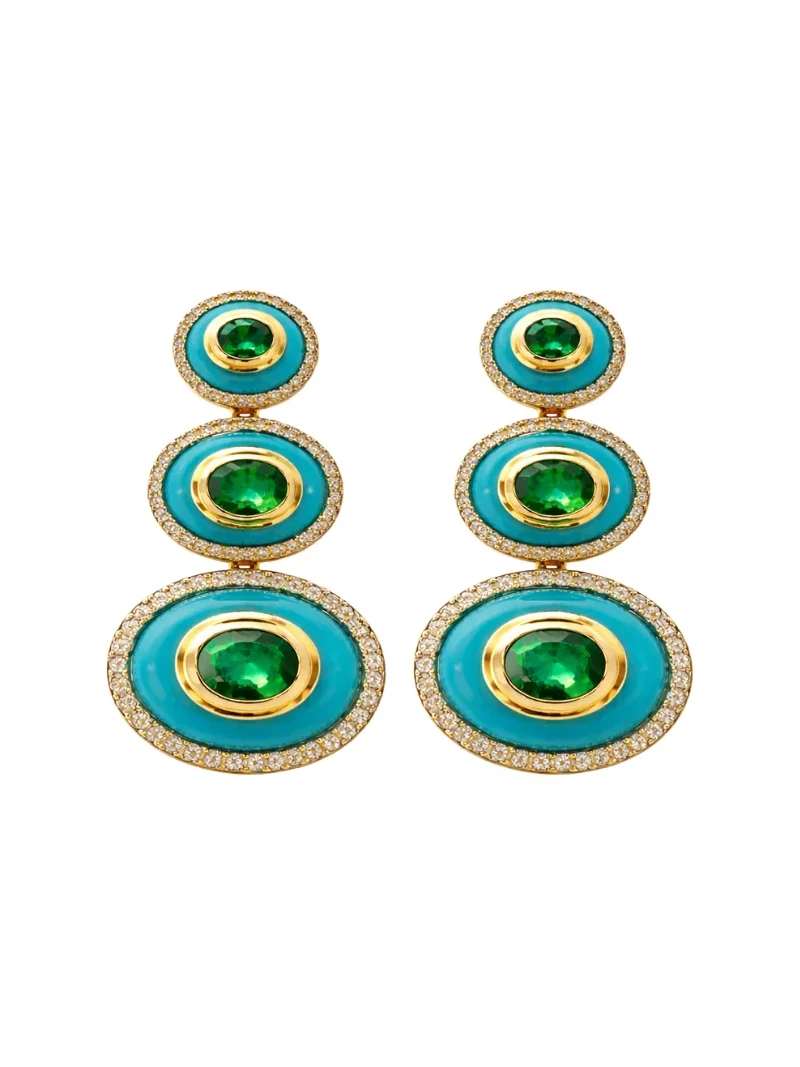 22.196ct Diamond Emerald Turquoise 18K Gold Cab Oval Earrings