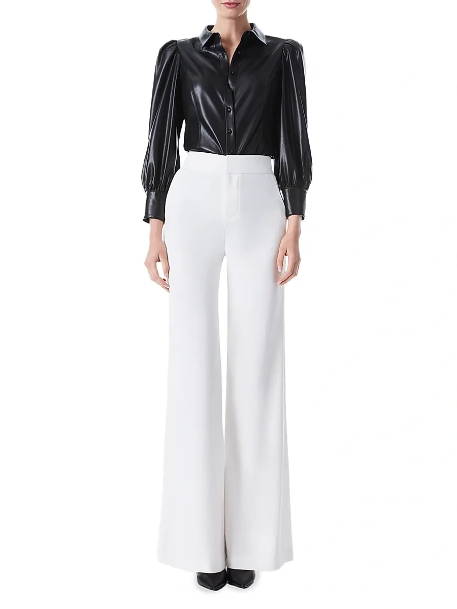 Alice + Olivia Women's Nadine Puff-Sleeve Faux Leather Blouse | Thumbnail 2 Alice + Olivia Women's Nadine Puff-Sleeve Faux Leather Blouse | Thumbnail 2