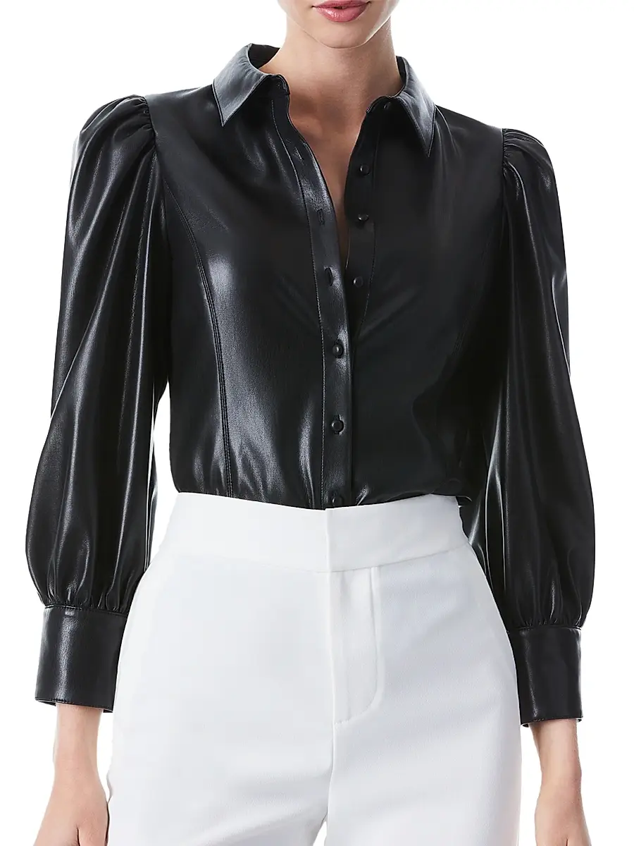 Alice + Olivia Women's Nadine Puff-Sleeve Faux Leather Blouse | Thumbnail 3 Alice + Olivia Women's Nadine Puff-Sleeve Faux Leather Blouse | Thumbnail 3