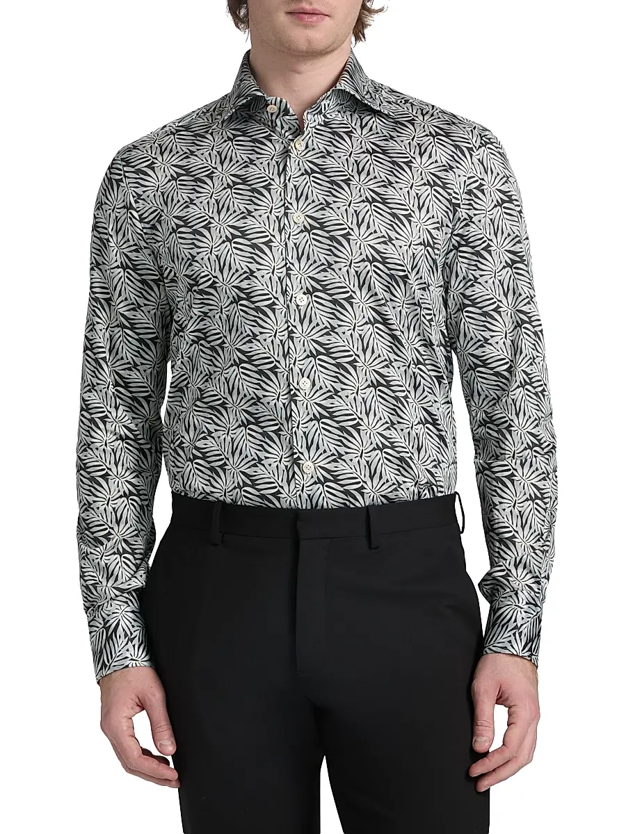 Kiton Men's Leaf Print Stretch-Cotton Shirt | Thumbnail 3 Kiton Men's Leaf Print Stretch-Cotton Shirt | Thumbnail 3
