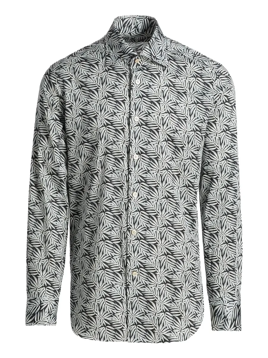 Kiton Men's Leaf Print Stretch-Cotton Shirt