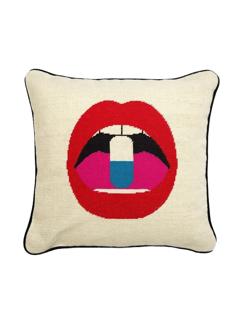 Jonathan Adler Full Dose Lips Needlepoint Throw Pillow