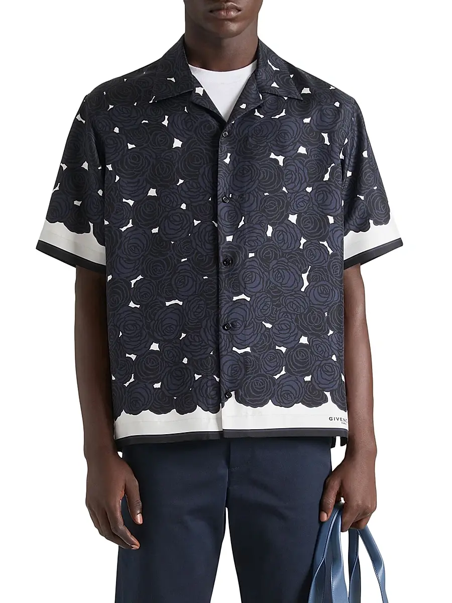 Givenchy Men's Shirt in Silk with Flowers Print - Dark Navy | Thumbnail 3 Givenchy Men's Shirt in Silk with Flowers Print - Dark Navy | Thumbnail 3