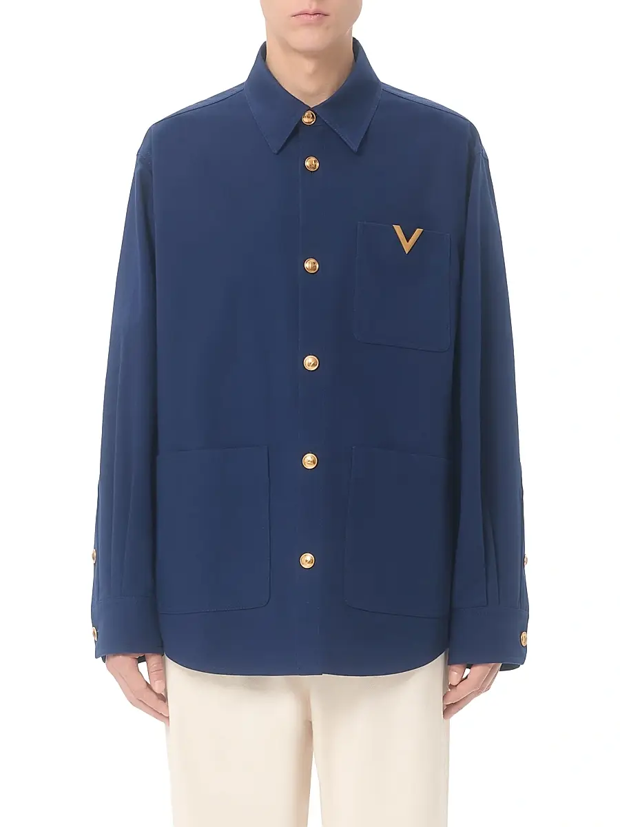 Valentino Men's Gabardine Shirt Jacket with VGold - Cobalt | Thumbnail 2 Valentino Men's Gabardine Shirt Jacket with VGold - Cobalt | Thumbnail 2