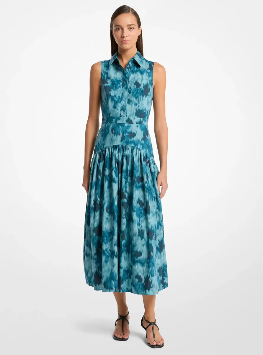 Michael Kors Collection Floral Chiné Cotton Poplin Drop Waist Shirtdress in Blue | Thumbnail 6 Michael Kors Collection Floral Chiné Cotton Poplin Drop Waist Shirtdress in Blue | Thumbnail 6