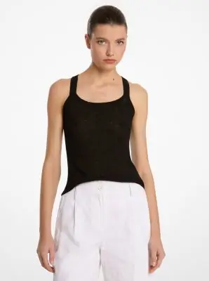 Michael Kors Collection Ribbed Superfine Linen and Cotton Blend Tank Top in Black | Thumbnail 2 Michael Kors Collection Ribbed Superfine Linen and Cotton Blend Tank Top in Black | Thumbnail 2