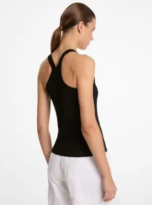 Michael Kors Collection Ribbed Superfine Linen and Cotton Blend Tank Top in Black | Thumbnail 3 Michael Kors Collection Ribbed Superfine Linen and Cotton Blend Tank Top in Black | Thumbnail 3