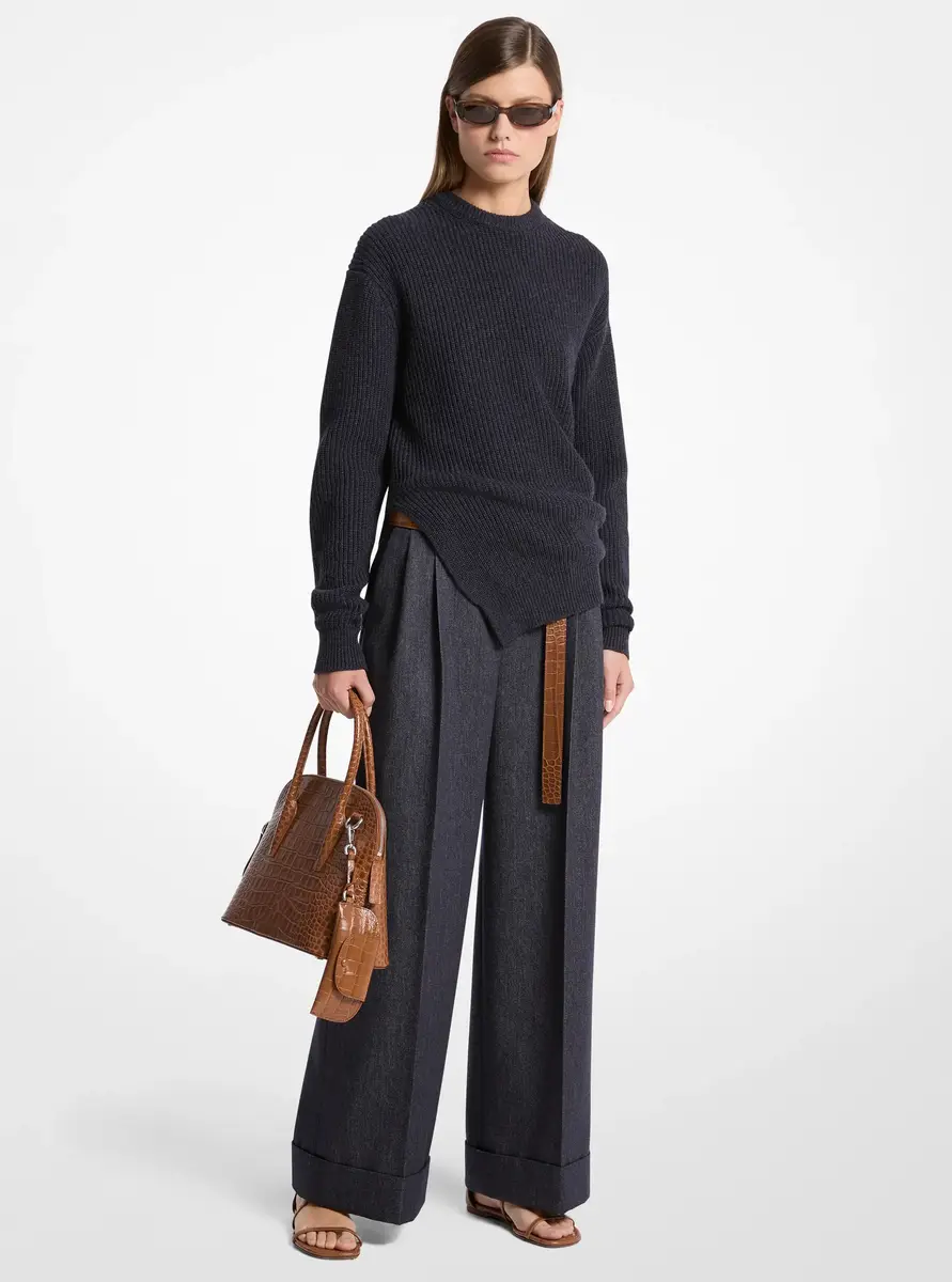 Michael Kors Collection Ribbed Cashmere Bias Hem Sweater in Blue | Thumbnail 5