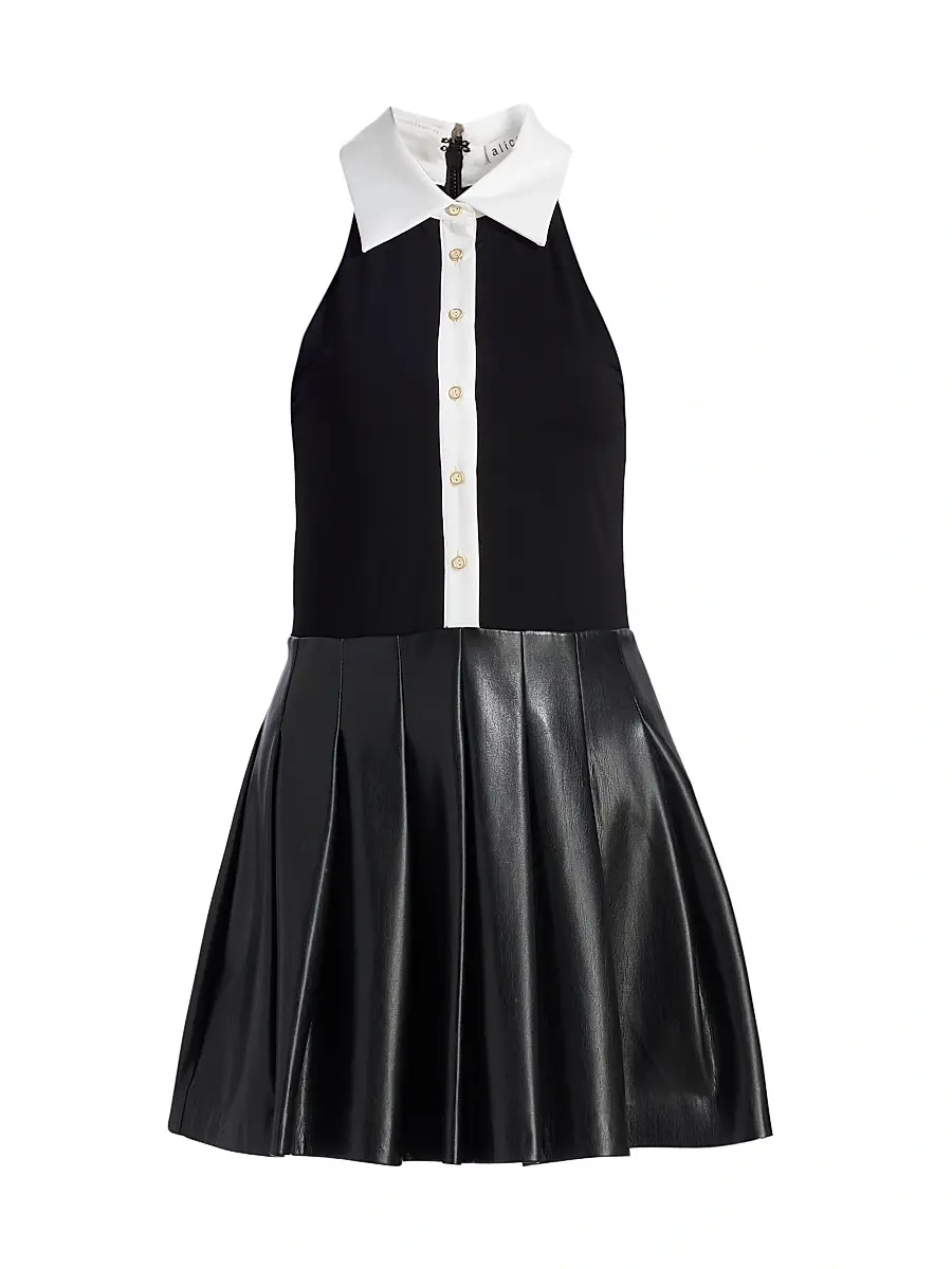 Alice + Olivia Women's Tate Faux Leather Sleeveless Polo Mini Shirtdress - Black Off White | Image 1 Alice + Olivia Women's Tate Faux Leather Sleeveless Polo Mini Shirtdress - Black Off White | Image 1