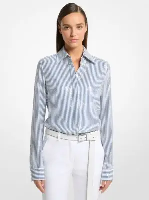 Michael Kors Collection Hansen Sequined Striped Silk Crepe De Chine Shirt in Grey | Thumbnail 3