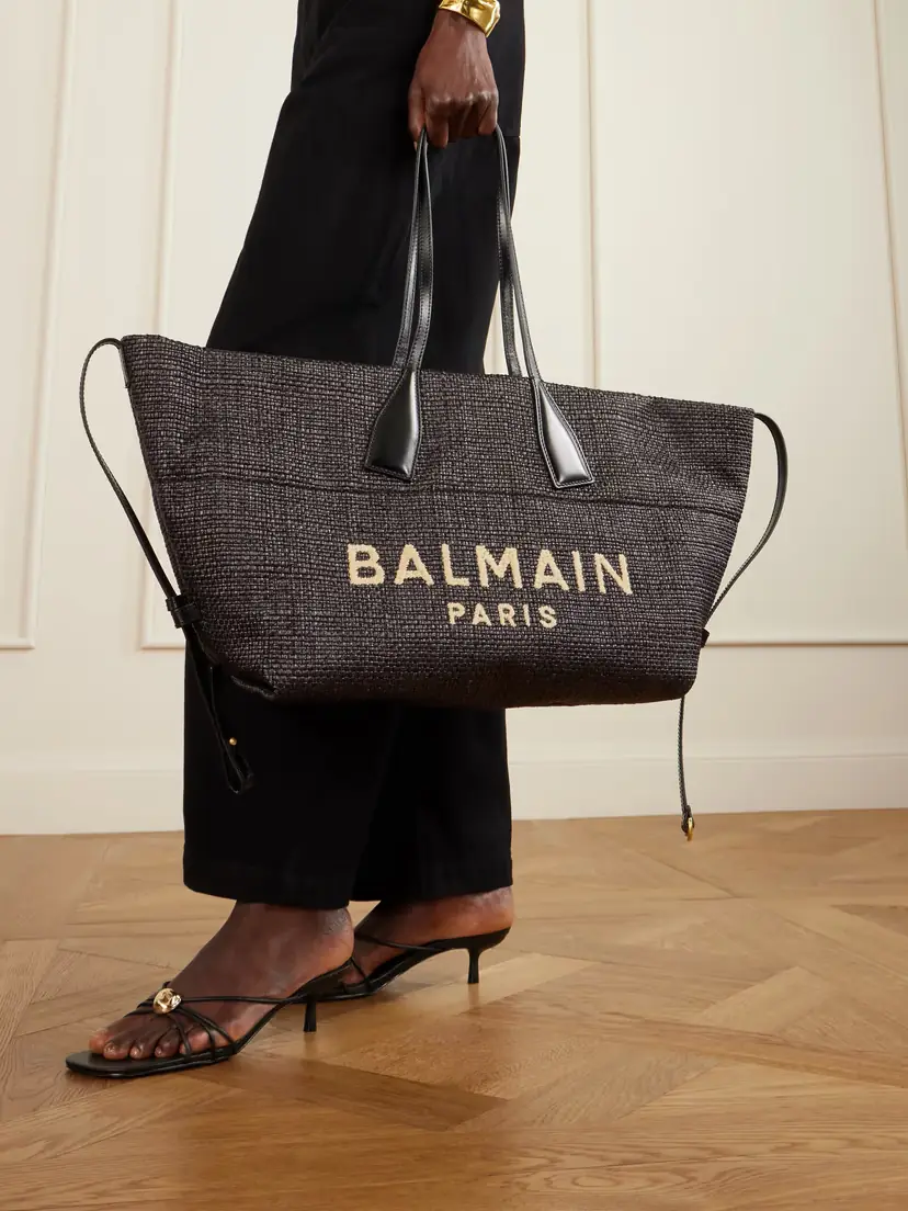 Balmain Track Leather-trimmed Raffia Tote | Thumbnail 2 Balmain Track Leather-trimmed Raffia Tote | Thumbnail 2