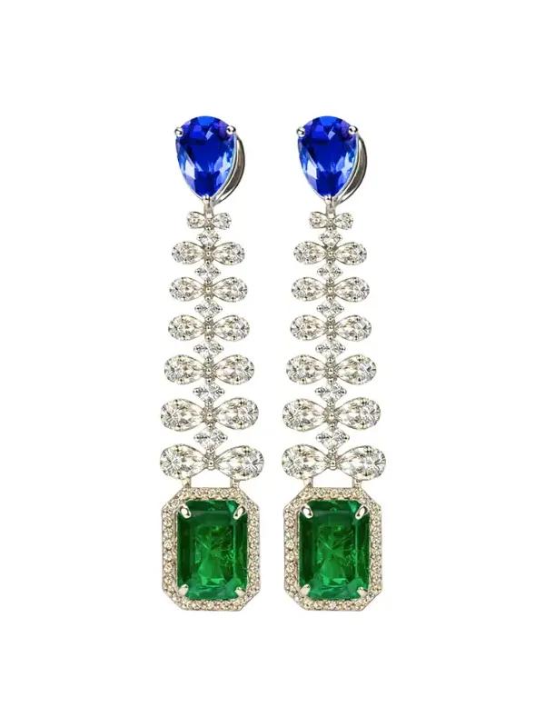 12.26ct Diamond Emerald Sapphire 18K Gold Dangle Drop Earring