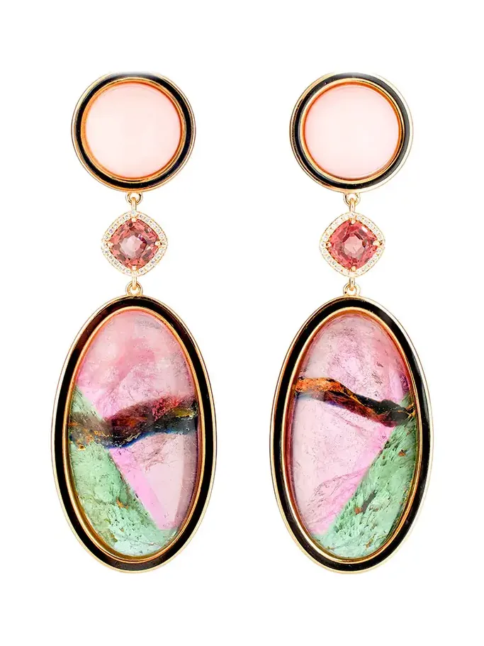 Colorful Tourmaline Earrings with Pink Opal Tops Colorful Tourmaline Earrings with Pink Opal Tops