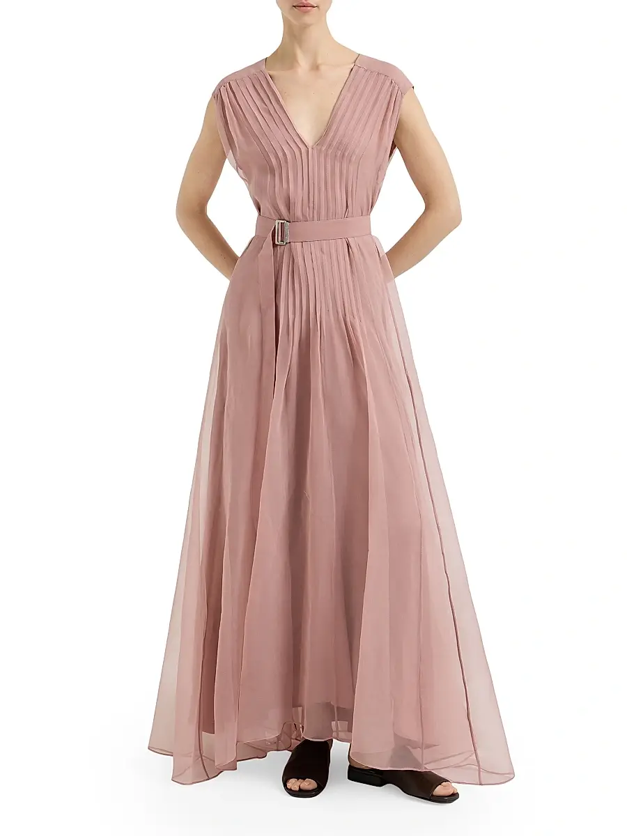 Brunello Cucinelli Women's Crispy Silk Belted Dress with Pleated Detail - Pink | Thumbnail 2 Brunello Cucinelli Women's Crispy Silk Belted Dress with Pleated Detail - Pink | Thumbnail 2