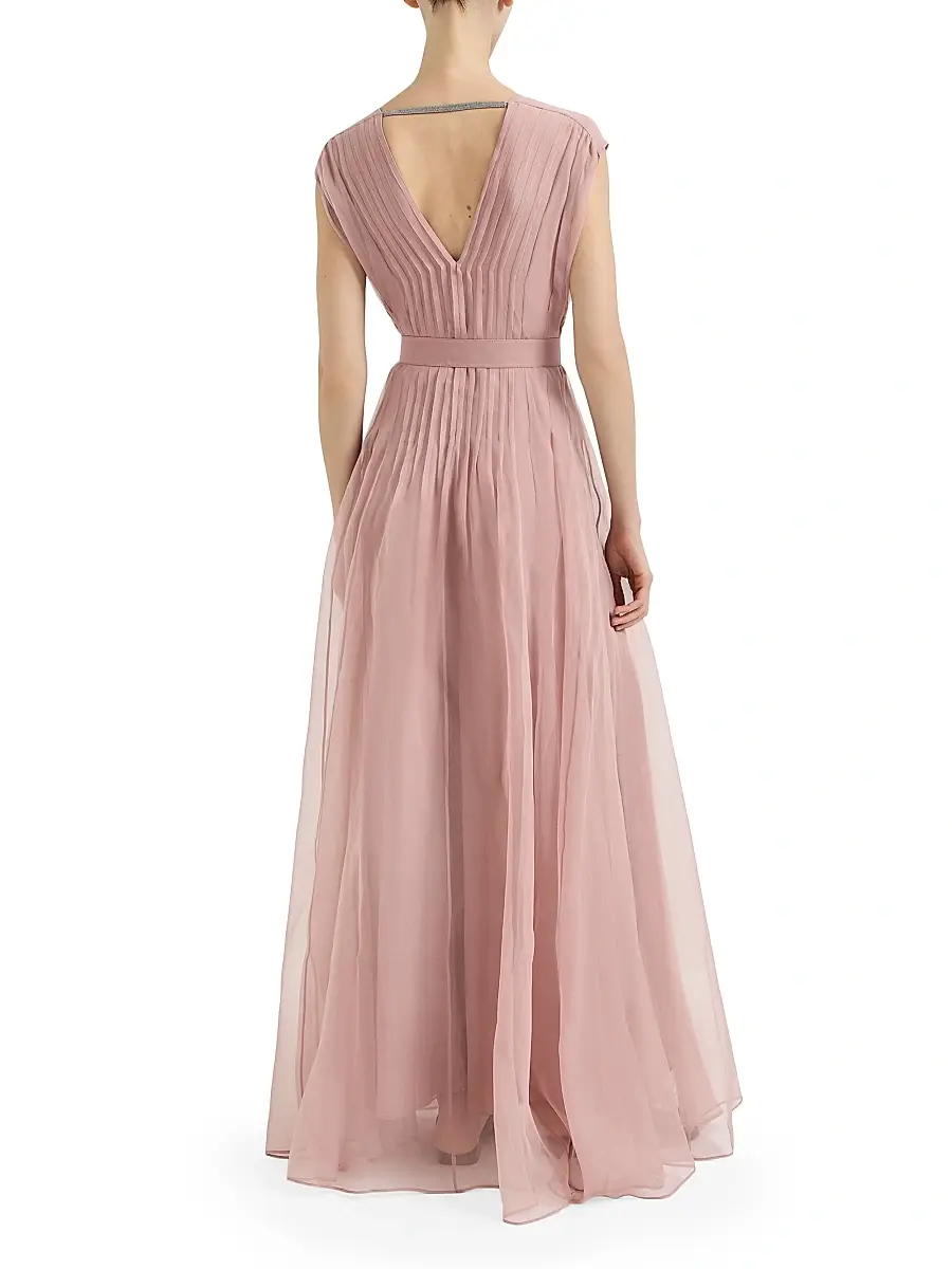 Brunello Cucinelli Women's Crispy Silk Belted Dress with Pleated Detail - Pink | Thumbnail 3 Brunello Cucinelli Women's Crispy Silk Belted Dress with Pleated Detail - Pink | Thumbnail 3
