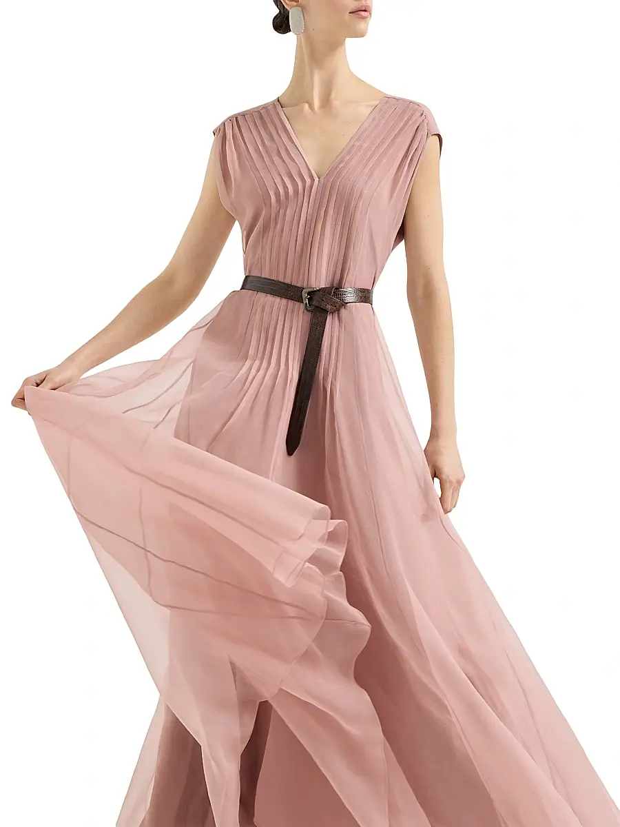 Brunello Cucinelli Women's Crispy Silk Belted Dress with Pleated Detail - Pink | Thumbnail 5 Brunello Cucinelli Women's Crispy Silk Belted Dress with Pleated Detail - Pink | Thumbnail 5