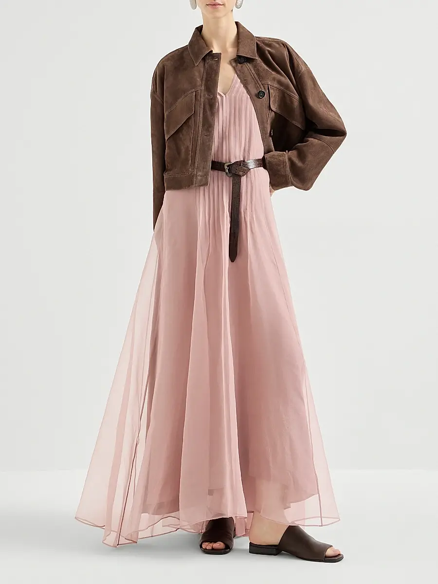 Brunello Cucinelli Women's Crispy Silk Belted Dress with Pleated Detail - Pink | Thumbnail 6 Brunello Cucinelli Women's Crispy Silk Belted Dress with Pleated Detail - Pink | Thumbnail 6
