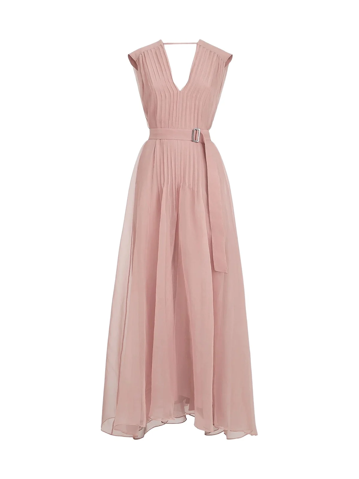 Brunello Cucinelli Women's Crispy Silk Belted Dress with Pleated Detail - Pink