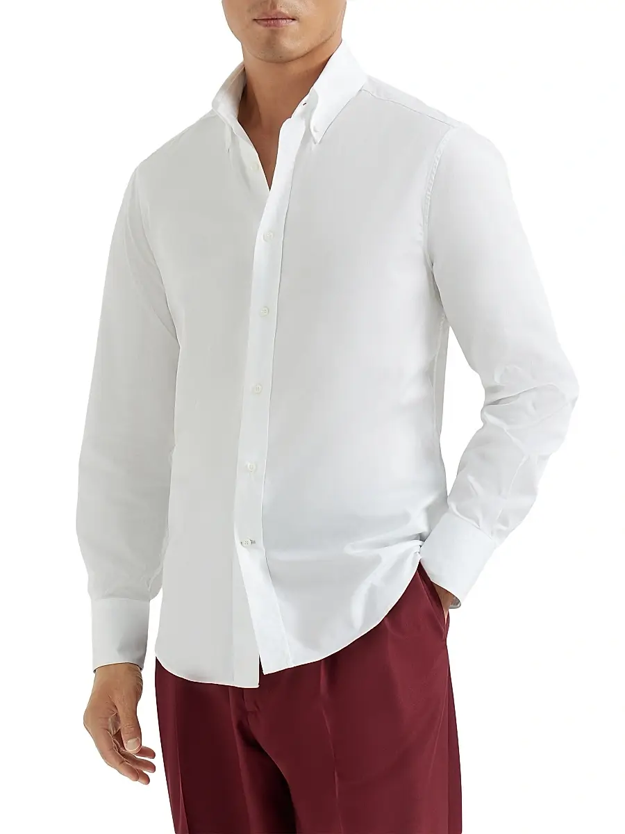 Brunello Cucinelli Men's Twill Slim Fit Shirt with Button Down Collar - White | Thumbnail 2 Brunello Cucinelli Men's Twill Slim Fit Shirt with Button Down Collar - White | Thumbnail 2