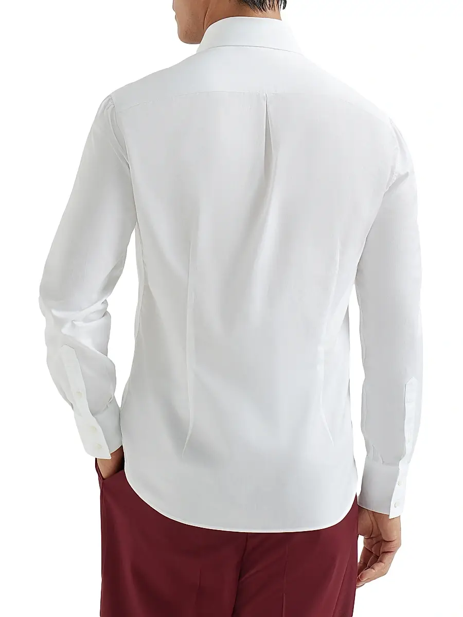 Brunello Cucinelli Men's Twill Slim Fit Shirt with Button Down Collar - White | Thumbnail 3 Brunello Cucinelli Men's Twill Slim Fit Shirt with Button Down Collar - White | Thumbnail 3