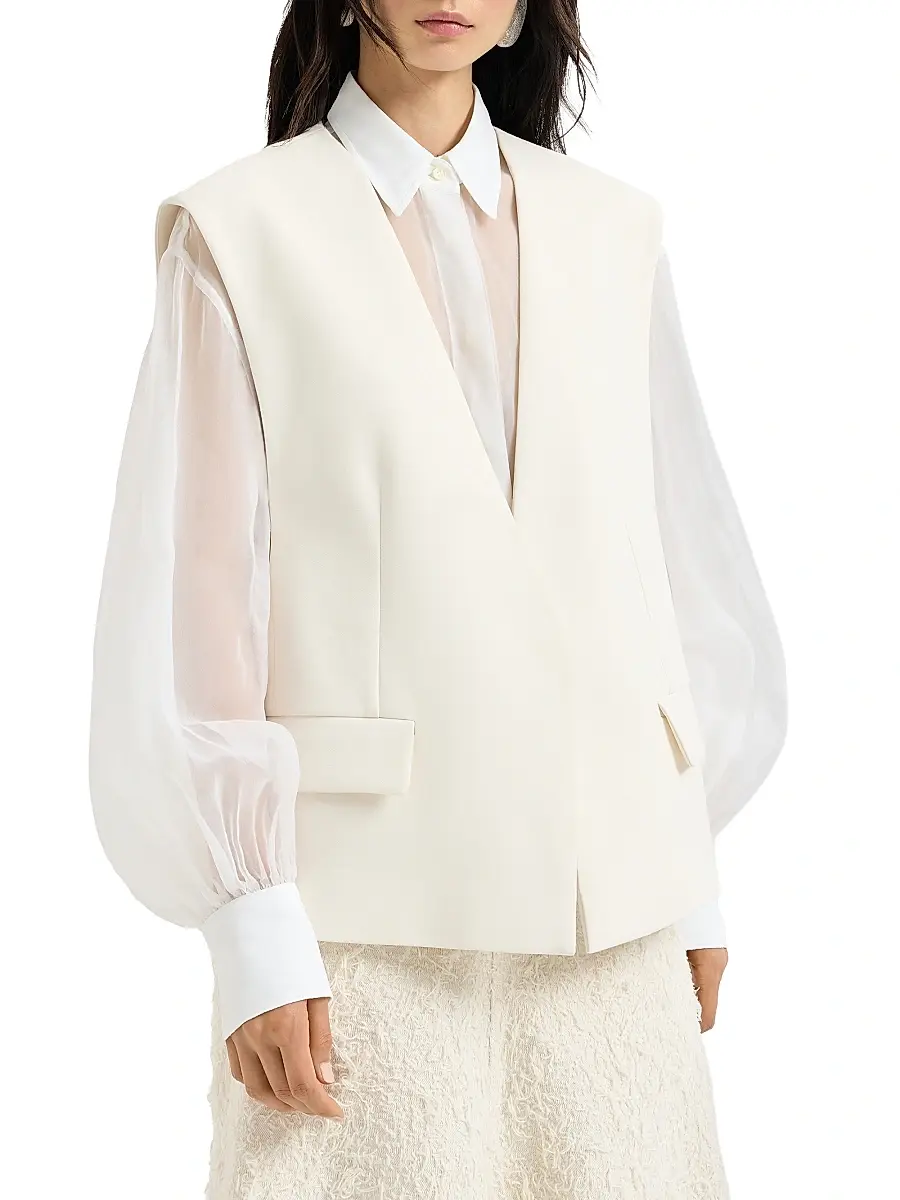 Brunello Cucinelli Women's Cotton Double Twill Crêpe Vest with Monili | Thumbnail 2