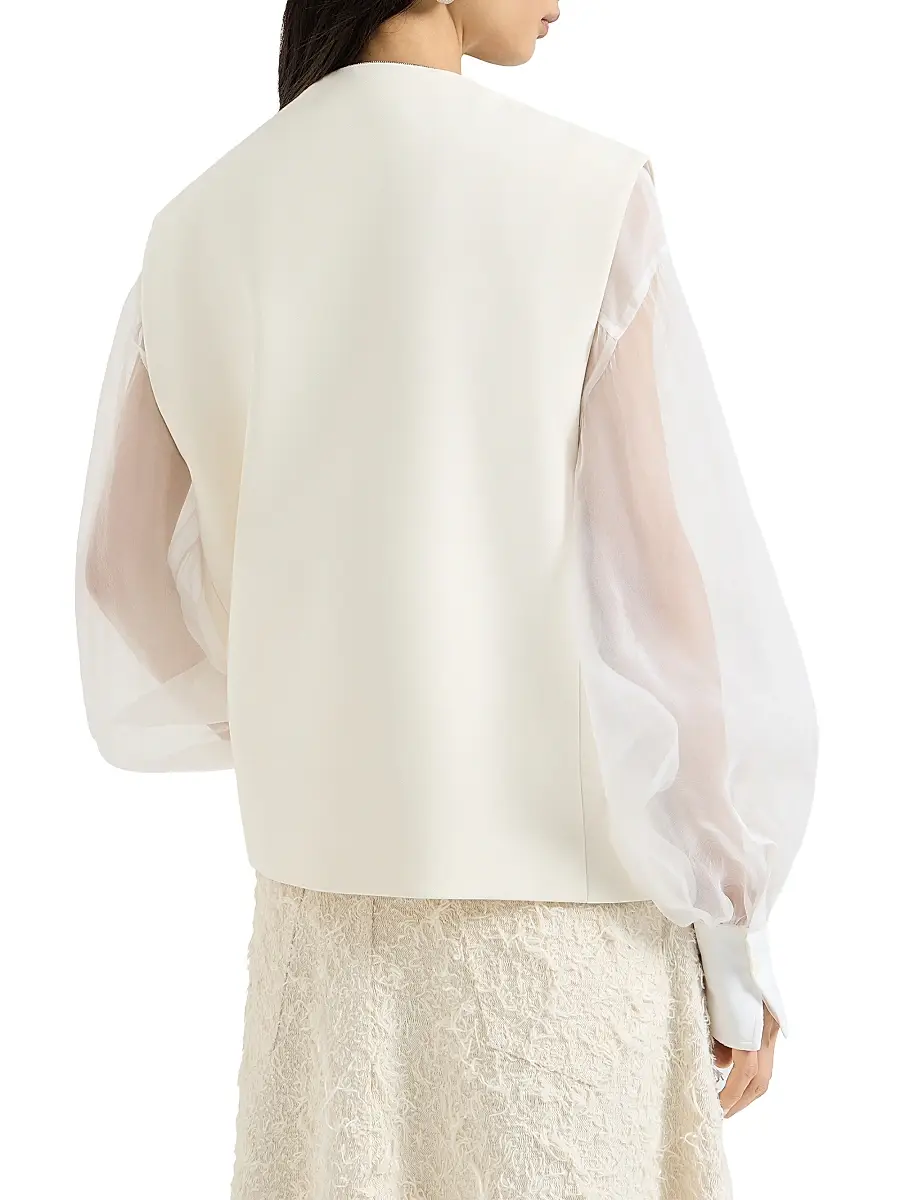 Brunello Cucinelli Women's Cotton Double Twill Crêpe Vest with Monili | Thumbnail 3