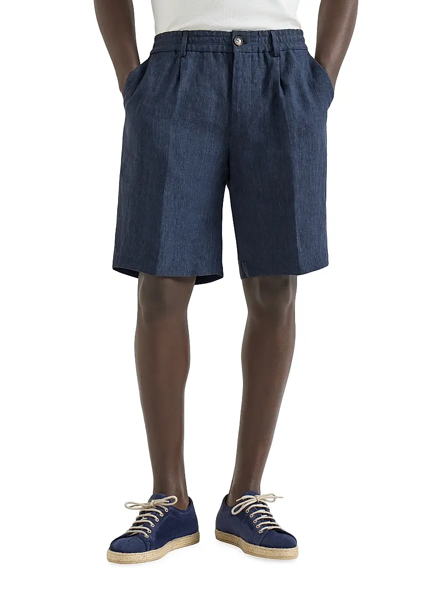 Brunello Cucinelli Men's Lightweight Délavé Linen Bermuda Shorts with Elasticated Waistband | Thumbnail 2