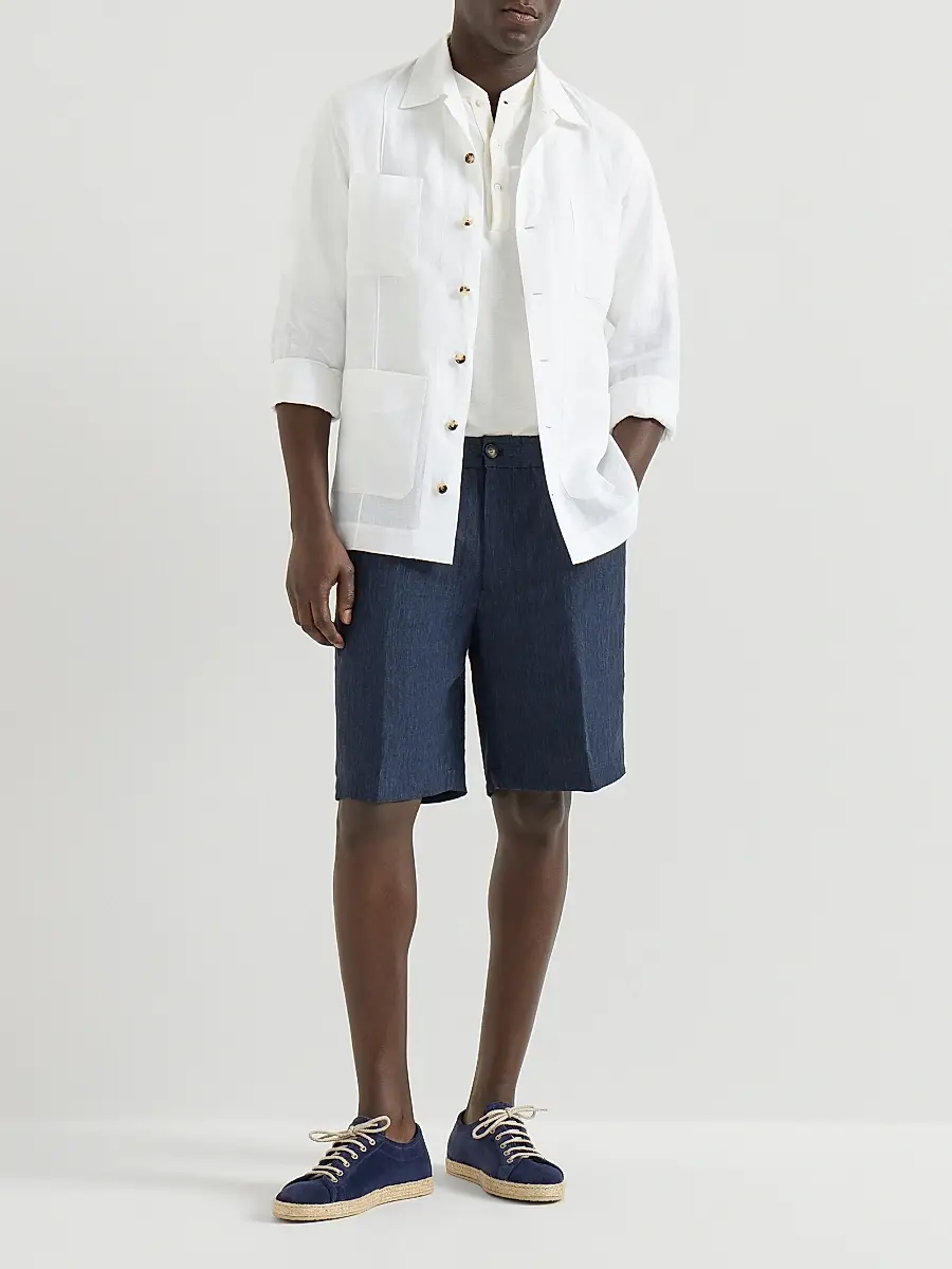 Brunello Cucinelli Men's Lightweight Délavé Linen Bermuda Shorts with Elasticated Waistband | Thumbnail 6