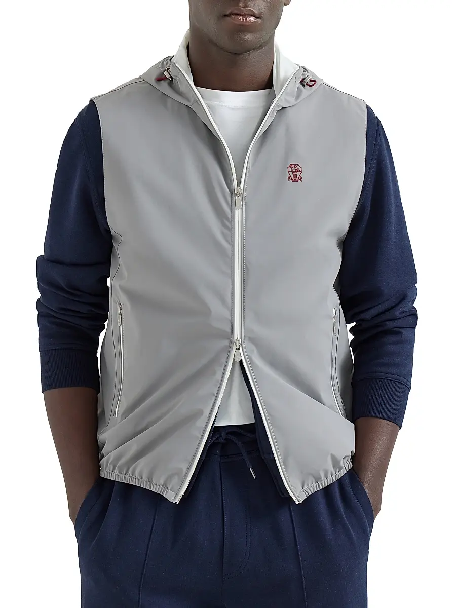 Brunello Cucinelli Men's Bonded Nylon Hooded Vest with Logo | Thumbnail 2