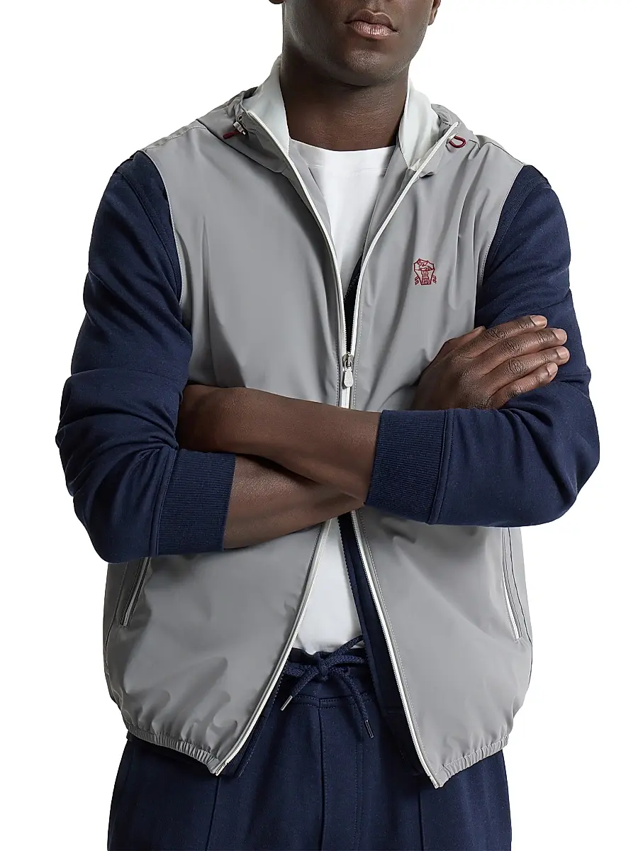 Brunello Cucinelli Men's Bonded Nylon Hooded Vest with Logo | Thumbnail 4