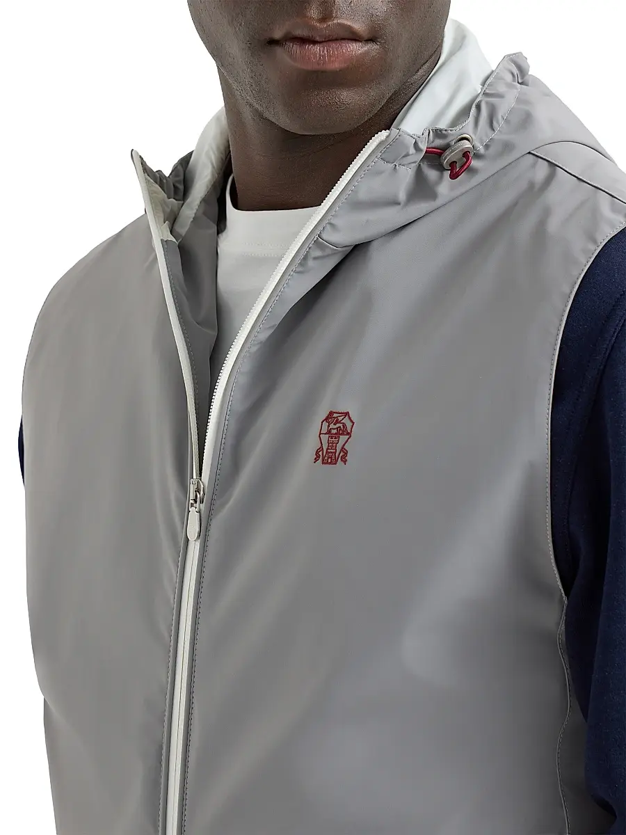 Brunello Cucinelli Men's Bonded Nylon Hooded Vest with Logo | Thumbnail 5