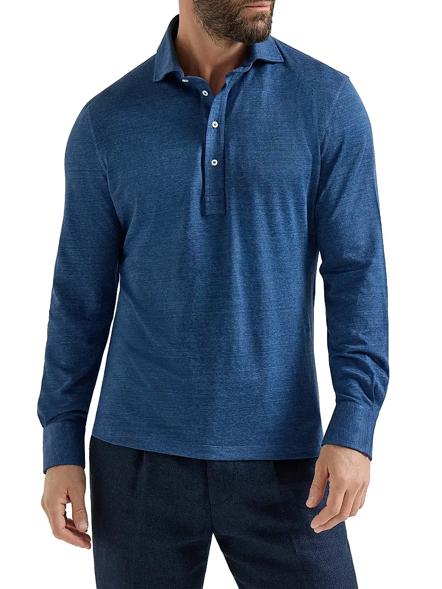 Brunello Cucinelli Men's Linen and Cotton Mélange Jersey Long Sleeve Polo Shirt | Thumbnail 2