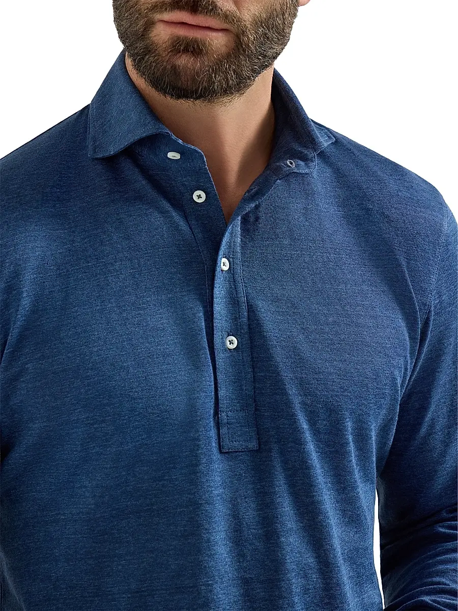 Brunello Cucinelli Men's Linen and Cotton Mélange Jersey Long Sleeve Polo Shirt | Thumbnail 4