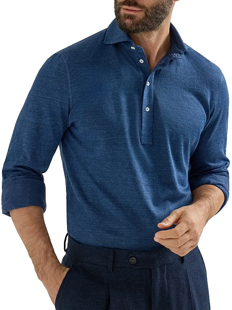 Brunello Cucinelli Men's Linen and Cotton Mélange Jersey Long Sleeve Polo Shirt | Thumbnail 5