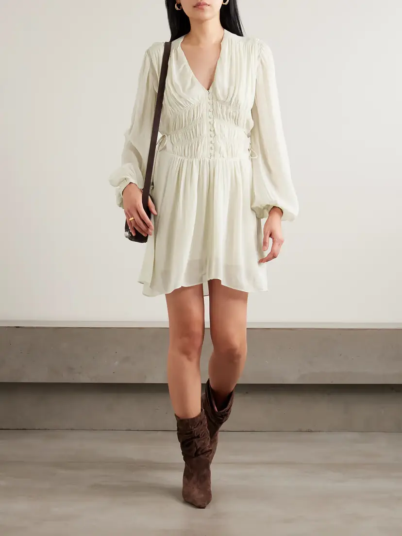 Marant Étoile Loriena Tie-detailed Ruched Crepe De Chine Mini Dress | Thumbnail 2 Marant Étoile Loriena Tie-detailed Ruched Crepe De Chine Mini Dress | Thumbnail 2