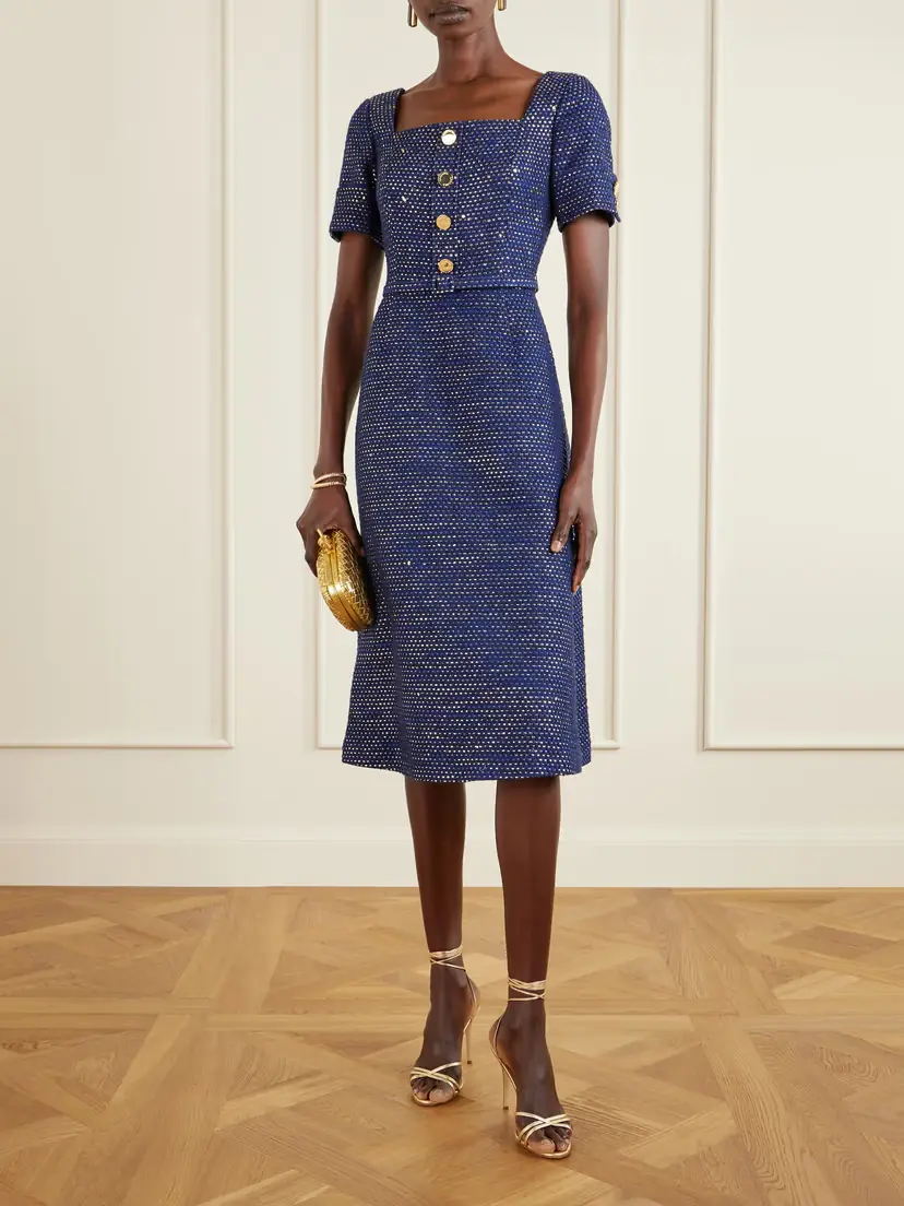 Carolina Herrera Belted Metallic Cotton-blend Tweed Midi Dress | Thumbnail 2 Carolina Herrera Belted Metallic Cotton-blend Tweed Midi Dress | Thumbnail 2
