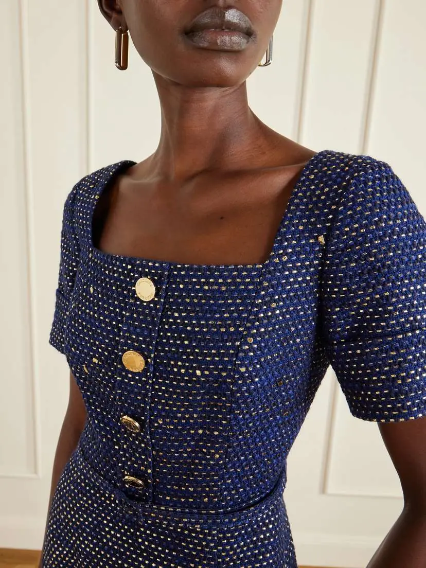 Carolina Herrera Belted Metallic Cotton-blend Tweed Midi Dress | Thumbnail 4 Carolina Herrera Belted Metallic Cotton-blend Tweed Midi Dress | Thumbnail 4
