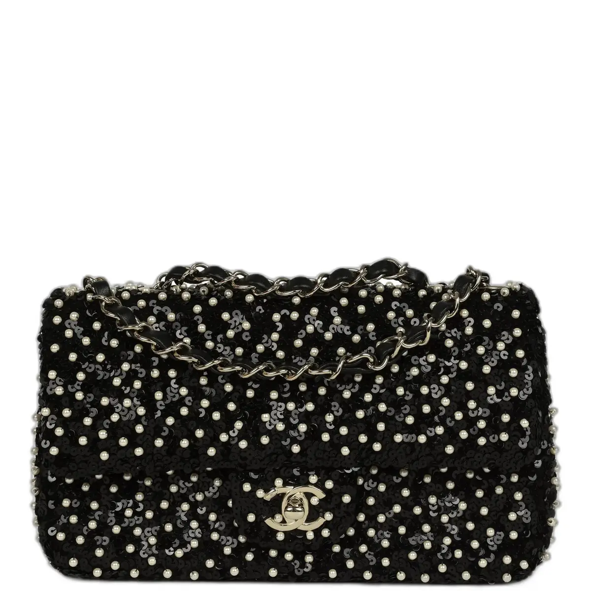 Chanel Chanel Small Pearl Beaded Flap Bag Black and White Sequins Light Gold Hardware | Image 1 Chanel Chanel Small Pearl Beaded Flap Bag Black and White Sequins Light Gold Hardware | Image 1