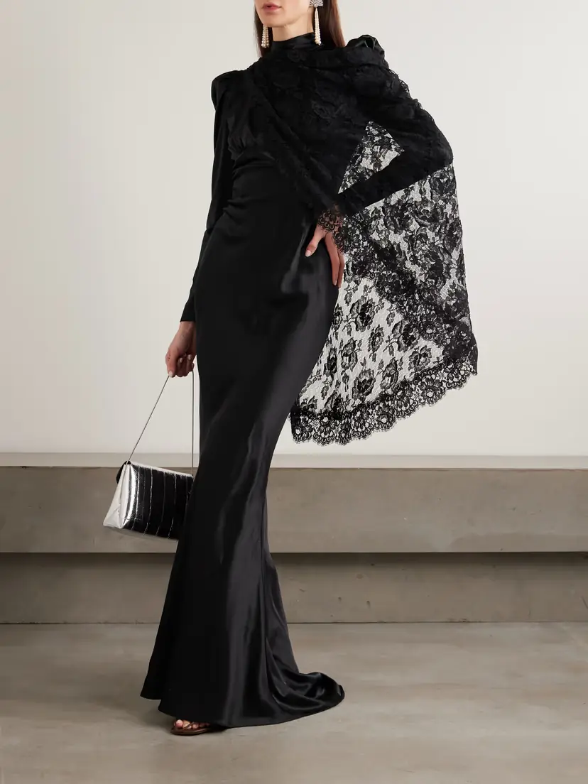 Alessandra Rich Cape-effect Lace-trimmed Silk-satin Gown | Thumbnail 2 Alessandra Rich Cape-effect Lace-trimmed Silk-satin Gown | Thumbnail 2