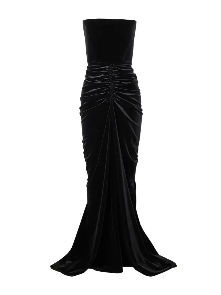 Strapless Ruched Velvet Gown Strapless Ruched Velvet Gown
